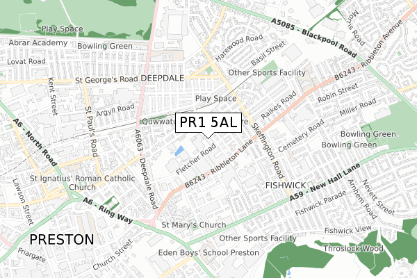 PR1 5AL map - small scale - OS Open Zoomstack (Ordnance Survey)