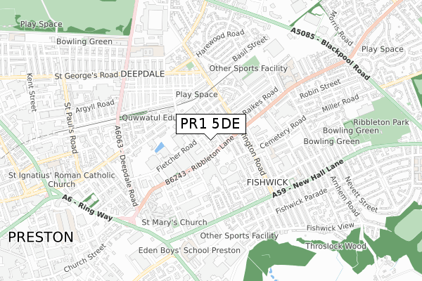 PR1 5DE map - small scale - OS Open Zoomstack (Ordnance Survey)