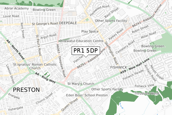 PR1 5DP map - small scale - OS Open Zoomstack (Ordnance Survey)
