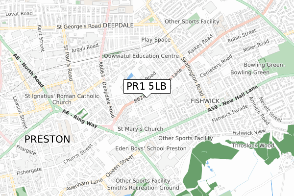 PR1 5LB map - small scale - OS Open Zoomstack (Ordnance Survey)