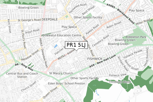 PR1 5LJ map - small scale - OS Open Zoomstack (Ordnance Survey)