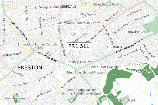 PR1 5LL map - small scale - OS Open Zoomstack (Ordnance Survey)