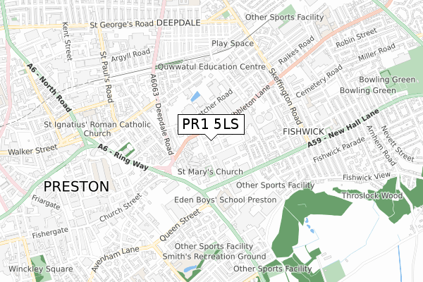 PR1 5LS map - small scale - OS Open Zoomstack (Ordnance Survey)