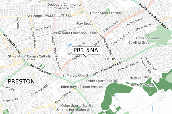 PR1 5NA map - small scale - OS Open Zoomstack (Ordnance Survey)