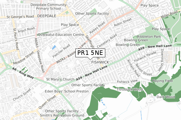 PR1 5NE map - small scale - OS Open Zoomstack (Ordnance Survey)
