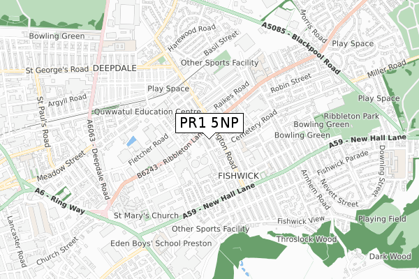 PR1 5NP map - small scale - OS Open Zoomstack (Ordnance Survey)