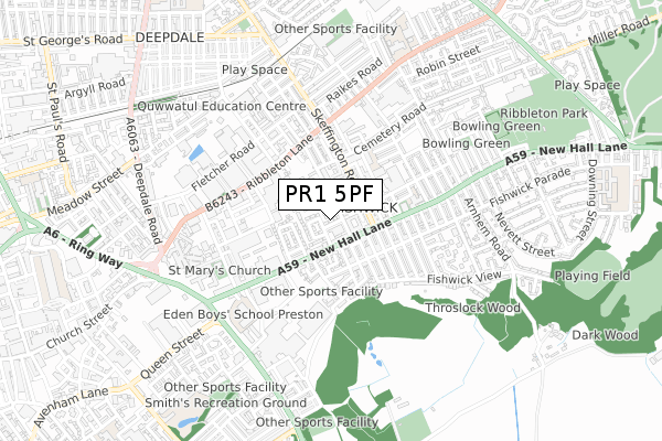 PR1 5PF map - small scale - OS Open Zoomstack (Ordnance Survey)