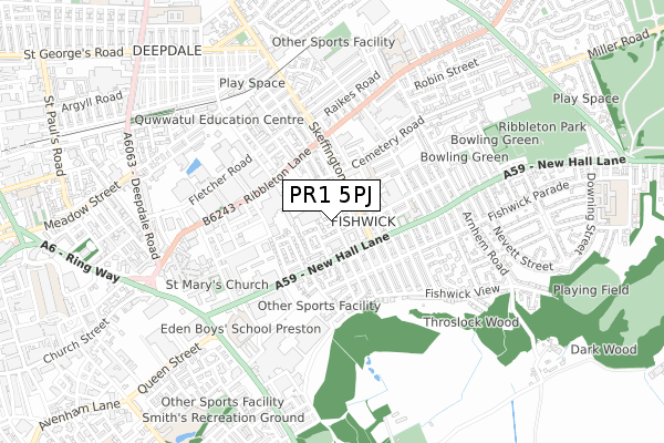 PR1 5PJ map - small scale - OS Open Zoomstack (Ordnance Survey)