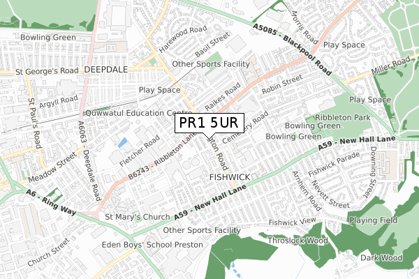 PR1 5UR map - small scale - OS Open Zoomstack (Ordnance Survey)