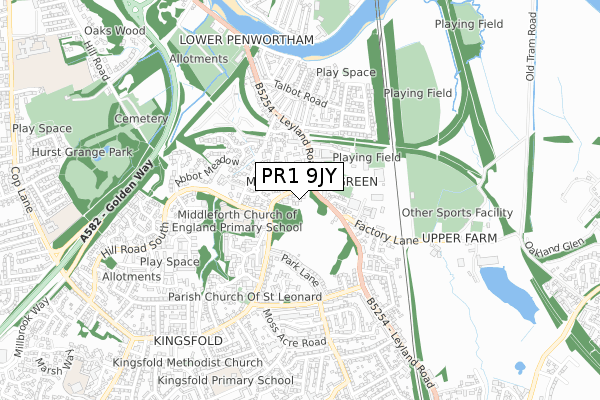 PR1 9JY map - small scale - OS Open Zoomstack (Ordnance Survey)