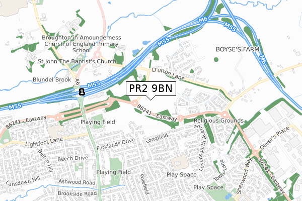 PR2 9BN map - small scale - OS Open Zoomstack (Ordnance Survey)