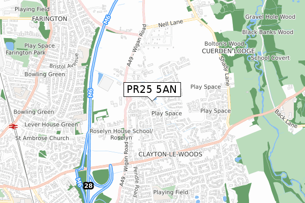 PR25 5AN map - small scale - OS Open Zoomstack (Ordnance Survey)