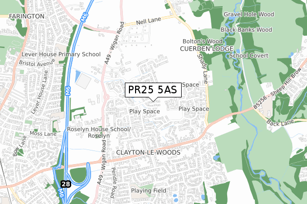 PR25 5AS map - small scale - OS Open Zoomstack (Ordnance Survey)