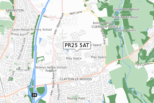 PR25 5AT map - small scale - OS Open Zoomstack (Ordnance Survey)