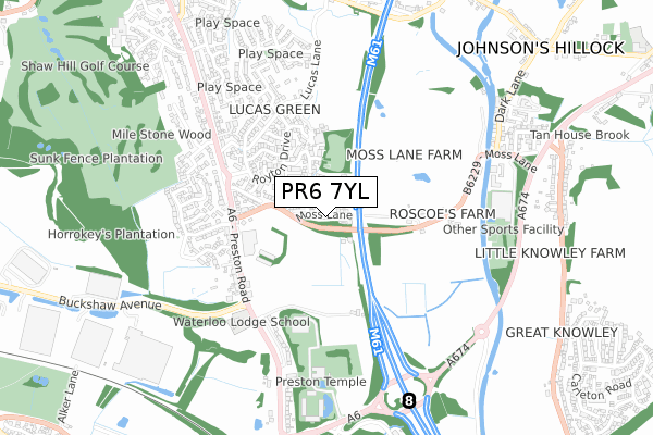 PR6 7YL map - small scale - OS Open Zoomstack (Ordnance Survey)