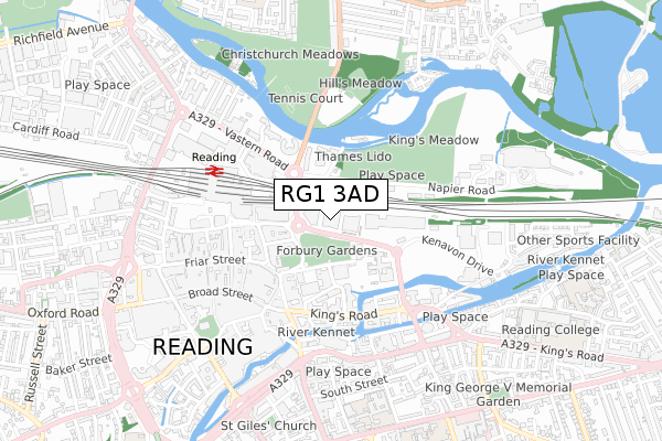 RG1 3AD map - small scale - OS Open Zoomstack (Ordnance Survey)