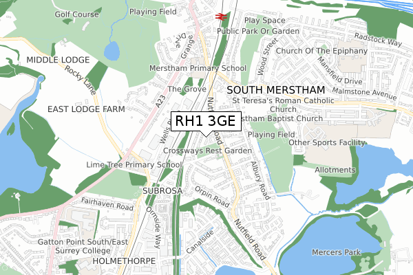 RH1 3GE map - small scale - OS Open Zoomstack (Ordnance Survey)