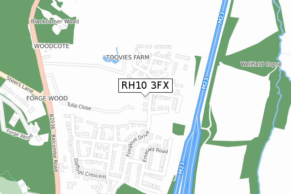 RH10 3FX map - large scale - OS Open Zoomstack (Ordnance Survey)