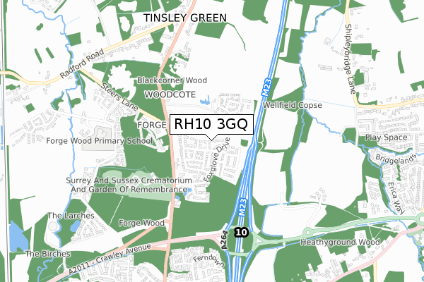 RH10 3GQ map - small scale - OS Open Zoomstack (Ordnance Survey)