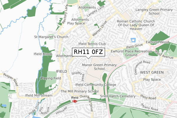 RH11 0FZ map - small scale - OS Open Zoomstack (Ordnance Survey)