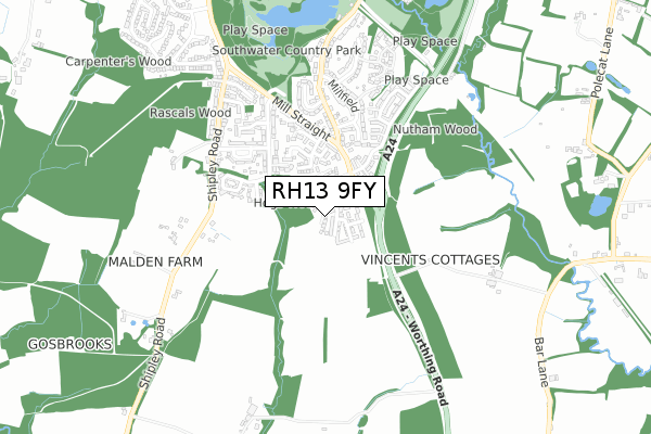 RH13 9FY map - small scale - OS Open Zoomstack (Ordnance Survey)