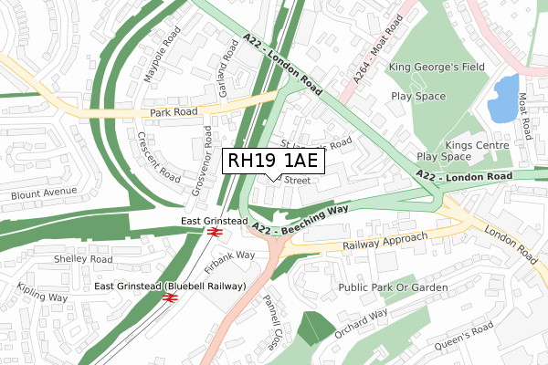 RH19 1AE map - large scale - OS Open Zoomstack (Ordnance Survey)