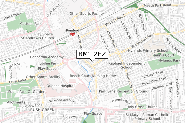 RM1 2EZ map - small scale - OS Open Zoomstack (Ordnance Survey)