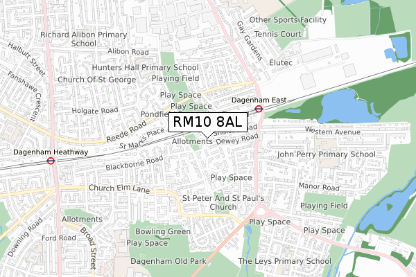 RM10 8AL map - small scale - OS Open Zoomstack (Ordnance Survey)