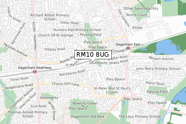 RM10 8UG map - small scale - OS Open Zoomstack (Ordnance Survey)