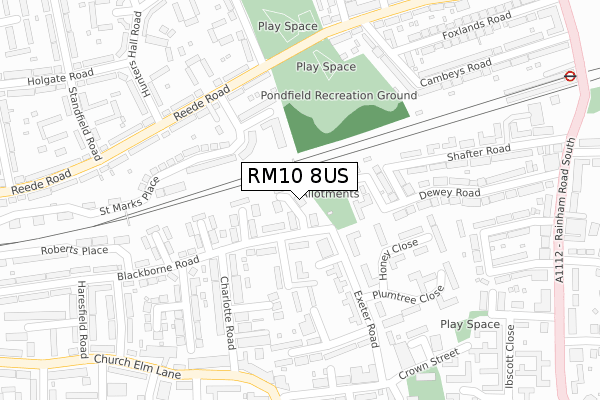 RM10 8US map - large scale - OS Open Zoomstack (Ordnance Survey)