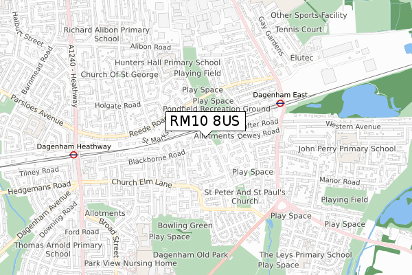 RM10 8US map - small scale - OS Open Zoomstack (Ordnance Survey)