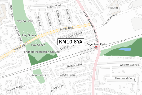 RM10 8YA map - large scale - OS Open Zoomstack (Ordnance Survey)