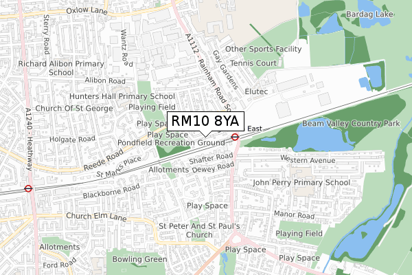 RM10 8YA map - small scale - OS Open Zoomstack (Ordnance Survey)