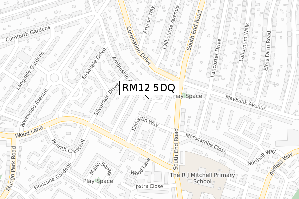 RM12 5DQ map - large scale - OS Open Zoomstack (Ordnance Survey)