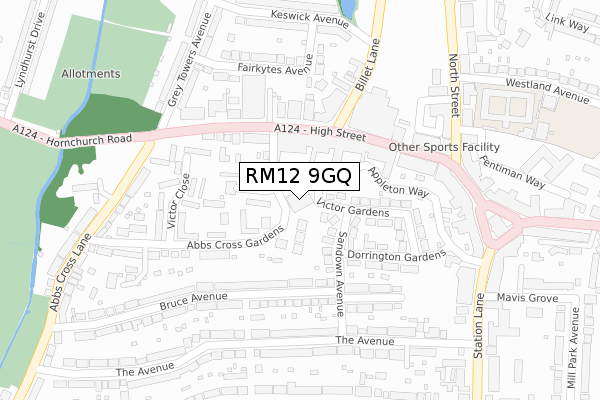 RM12 9GQ map - large scale - OS Open Zoomstack (Ordnance Survey)