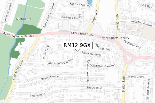 RM12 9GX map - large scale - OS Open Zoomstack (Ordnance Survey)