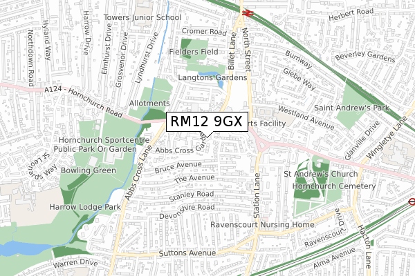 RM12 9GX map - small scale - OS Open Zoomstack (Ordnance Survey)