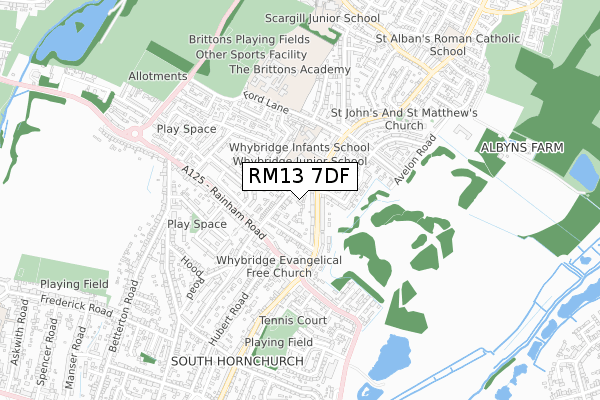 RM13 7DF map - small scale - OS Open Zoomstack (Ordnance Survey)