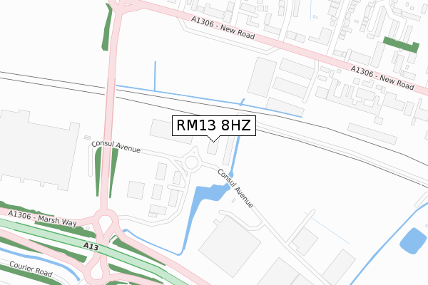 RM13 8HZ map - large scale - OS Open Zoomstack (Ordnance Survey)