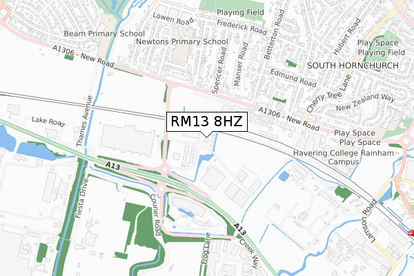 RM13 8HZ map - small scale - OS Open Zoomstack (Ordnance Survey)