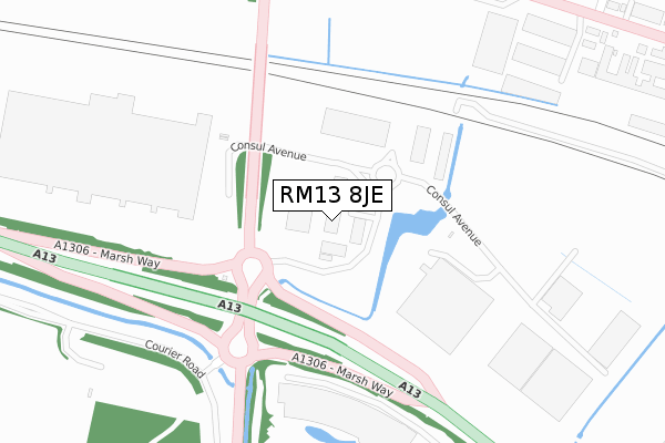 RM13 8JE map - large scale - OS Open Zoomstack (Ordnance Survey)