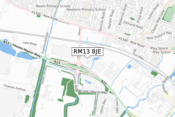 RM13 8JE map - small scale - OS Open Zoomstack (Ordnance Survey)