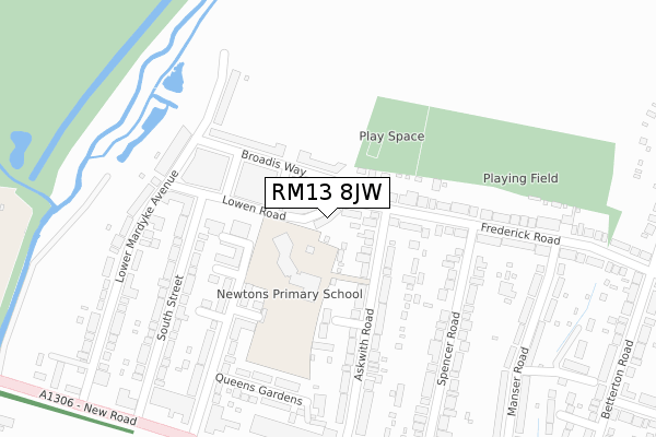 RM13 8JW map - large scale - OS Open Zoomstack (Ordnance Survey)