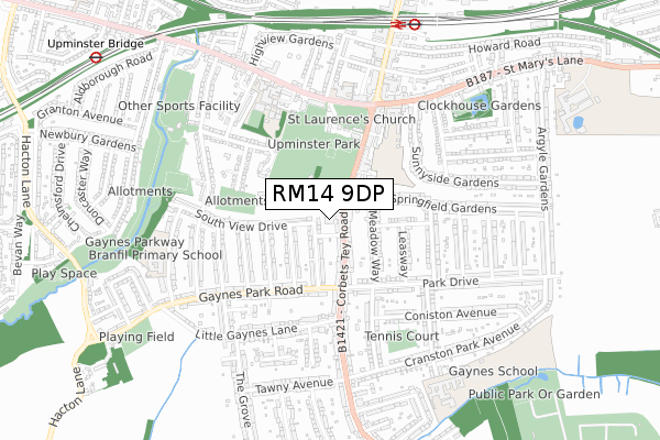 RM14 9DP map - small scale - OS Open Zoomstack (Ordnance Survey) RM14 9DP map - small scale - OS Open Zoomstack (Ordnance Survey)