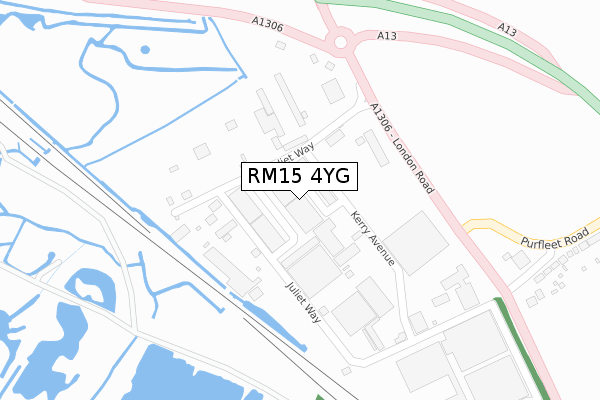RM15 4YG map - large scale - OS Open Zoomstack (Ordnance Survey)