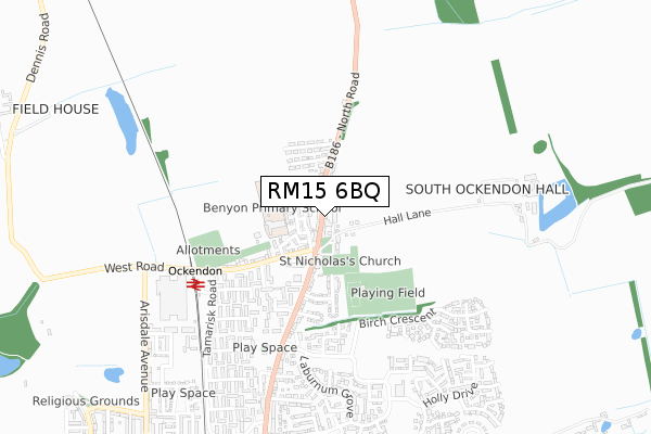 RM15 6BQ map - small scale - OS Open Zoomstack (Ordnance Survey)