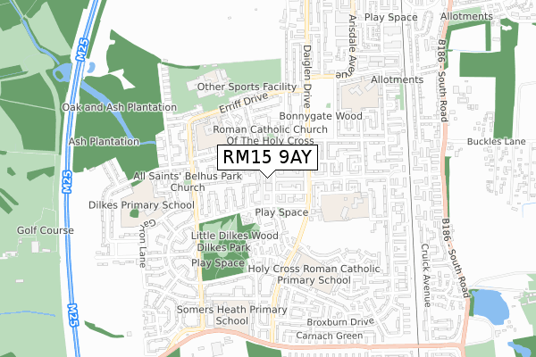 RM15 9AY map - small scale - OS Open Zoomstack (Ordnance Survey)