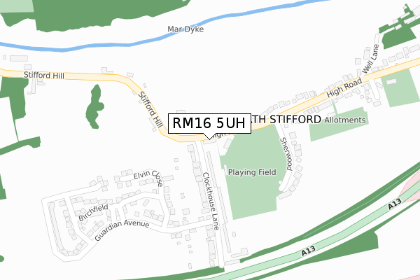 RM16 5UH map - large scale - OS Open Zoomstack (Ordnance Survey)