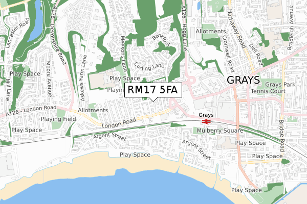 RM17 5FA map - small scale - OS Open Zoomstack (Ordnance Survey)