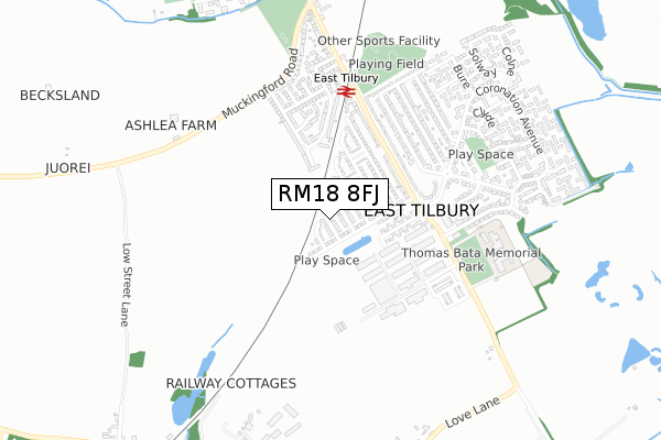 RM18 8FJ map - small scale - OS Open Zoomstack (Ordnance Survey) RM18 8FJ map - small scale - OS Open Zoomstack (Ordnance Survey)